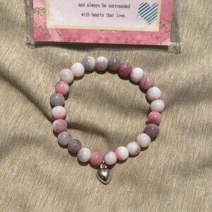 Pink and Gray Beaded Bracelet with Heart Charm